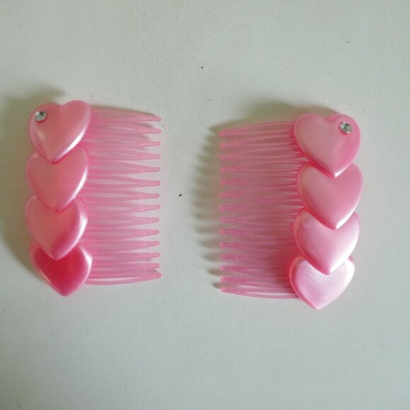totally 80s vintage light pink hair combs with hearts and rhinestone accent - Picture 1 of 2